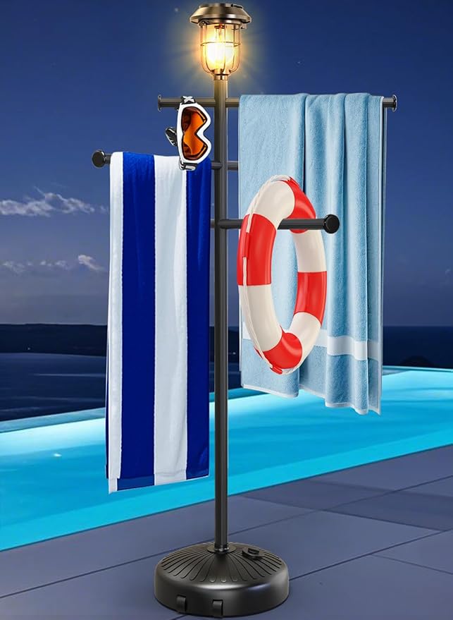 Solar Light Pool Towel Rack with Wheels & Stable Water Base | Solar Light • Easy-Roll Wheels • 63" Tall • Adjustable Bars • Stable Water Base • for Patio, Bathroom, Hot Tub