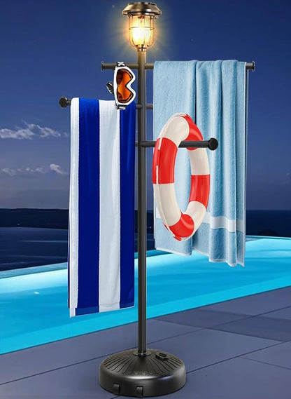 Solar Light Pool Towel Rack with Wheels & Stable Water Base | Solar Light • Easy-Roll Wheels • 63" Tall • Adjustable Bars • Stable Water Base • for Patio, Bathroom, Hot Tub