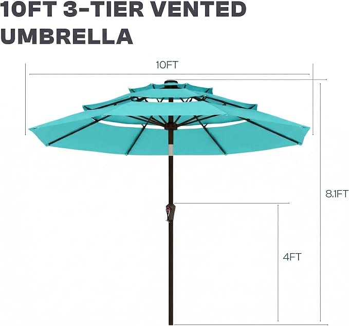 10ft 3 Tier Patio Umbrella, Outdoor Market Table Umbrella with UPF 50+ Vented Canopy, 8 Sturdy Ribs, Easy Push Button Tilt and Crank, Windproof for Deck, Pool, Backyard and Garden
