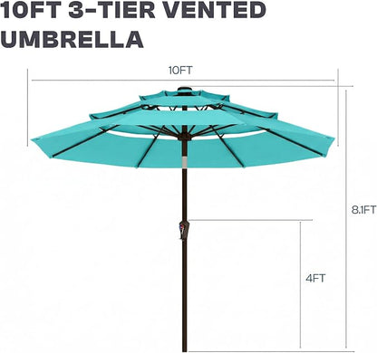 10ft 3 Tier Patio Umbrella, Outdoor Market Table Umbrella with UPF 50+ Vented Canopy, 8 Sturdy Ribs, Easy Push Button Tilt and Crank, Windproof for Deck, Pool, Backyard and Garden