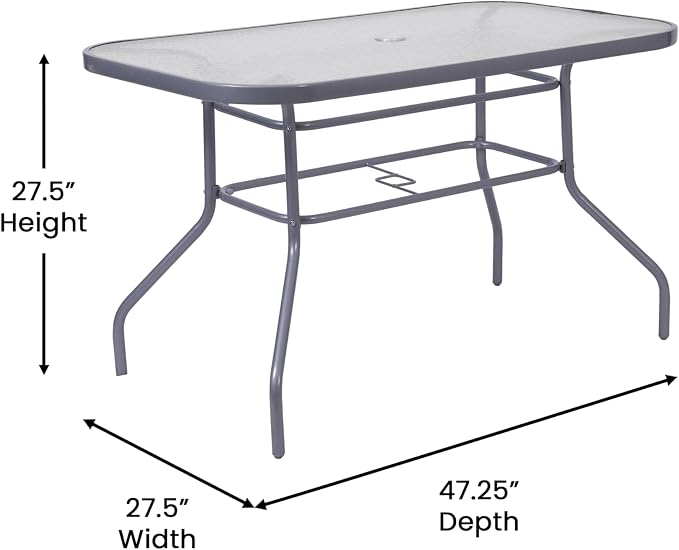 Flash Furniture Commercial 27.5x47.25 in Steel Patio Table, Silver | Tempered Glass Top with Umbrella Hole