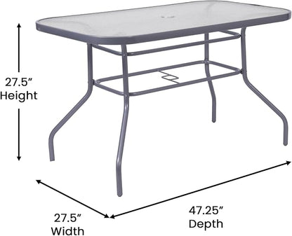 Flash Furniture Commercial 27.5x47.25 in Steel Patio Table, Silver | Tempered Glass Top with Umbrella Hole