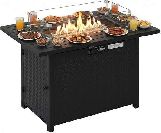 PayLessHere Propane Fire Pit Table, 50,000 BTU CSA-Certified Outdoor Gas Fire Table with Lid, Lava Rock & Glass Wind Guard, Smokeless Patio Firepit for Backyard, Deck & Garden (43 inch)