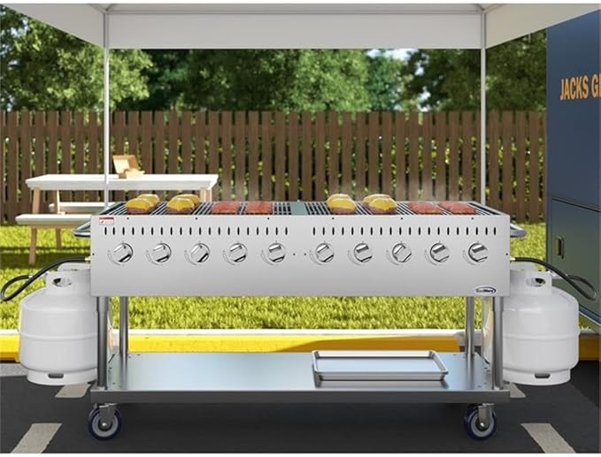 Pemberly Row 72" Commercial Mobile Outdoor Propane Gas Grill, Stainless Steel, Silver Finish, 16,000 BTU Burners, Rolling Caster Wheels, Heavy Duty Design for Restaurant or Home Outdoor Cooking