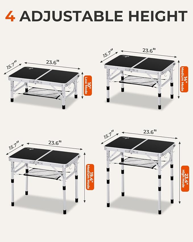 Sportneer Camping Table: Adjustable Height Small Folding Table 23.6" L x 15.7" W 4 Height with Mesh Layer - Compact & Portable Camping Essentials for Outdoor Camp Garden Picnic BBQ Dining Cooking