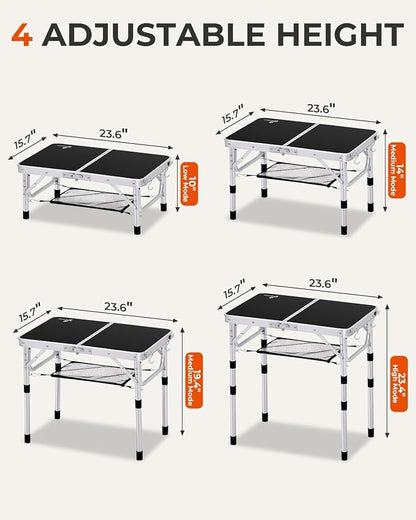 Sportneer Camping Table: Adjustable Height Small Folding Table 23.6" L x 15.7" W 4 Height with Mesh Layer - Compact & Portable Camping Essentials for Outdoor Camp Garden Picnic BBQ Dining Cooking