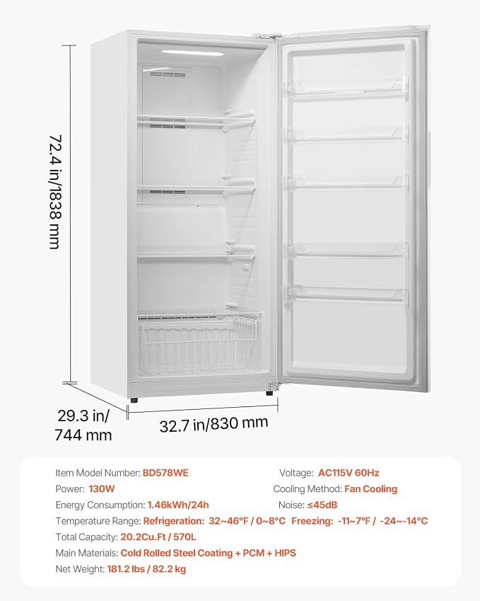 VEVOR Convertible Freezer/Refrigerator, 20.2 Cu.Ft Frost Free Upright Freezer with Temp Control Panel, Door Open too Long Alarm, Adjustable Shelves and LED, Standing Fridge for Kitchen, Office, Garage