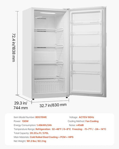 VEVOR Convertible Freezer/Refrigerator, 20.2 Cu.Ft Frost Free Upright Freezer with Temp Control Panel, Door Open too Long Alarm, Adjustable Shelves and LED, Standing Fridge for Kitchen, Office, Garage