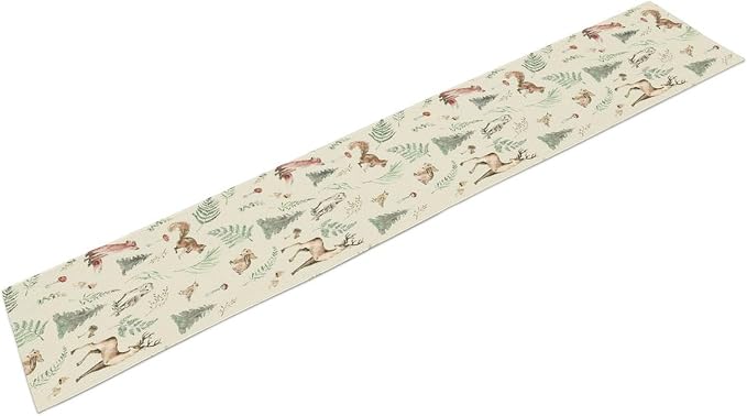 Rustic Woodland Table Runner for Kids, Cute Forest Animals, Country Lodge Cabin Wild Animal Bear Deer Fox Wolf Set, 13X120 Inch