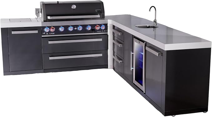 Mont Alpi L-shaped 94"x113" Black Stainless Steel Outdoor Kitchen Island with Refrigerator + Beverage Center Faucet & Sink + 44" 6-Burner BBQ Grill + Granite Countertops + Storage Cabinets & Drawers