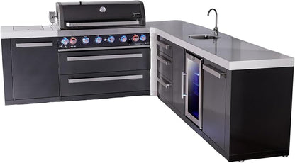 Mont Alpi L-shaped 94"x113" Black Stainless Steel Outdoor Kitchen Island with Refrigerator + Beverage Center Faucet & Sink + 44" 6-Burner BBQ Grill + Granite Countertops + Storage Cabinets & Drawers