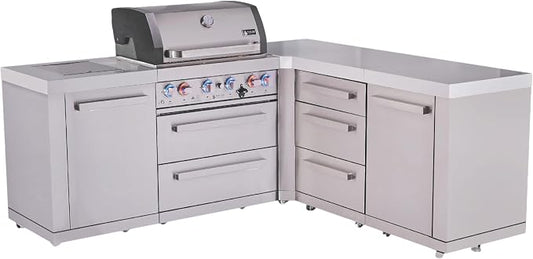 Mont Alpi 82"W x 75"D x 46"H Premium L-shaped Stainless Steel Modular Outdoor Kitchen Island with Infrared Side Burner + 44"W 6-Burner BBQ Grill + Granite Countertops + Storage Drawers and Cabinets
