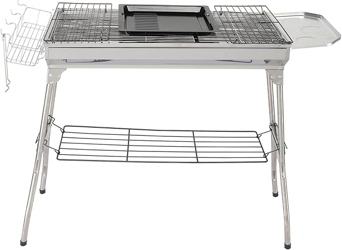 Portable Charcoal Grill, Stainless Steel BBQ Grill, 10.14 lbs, Multiple Grill Nets & Baking Tray, Bottom Shelf & Baskets, Anti-Scalding Handle for Camping, Picnics, Tailgating, 39.37 x 12.2 x 27.95''