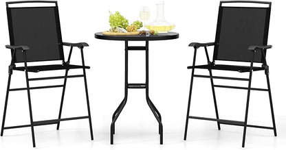 COSTWAY 3 PCS Patio Table and Chairs Set, Bistro Furniture with DPC Tabletop, Umbrella Hole, Outdoor Bar Set with Round Table and 2 Folding Counter Height Chairs for Poolside, Deck, Porch, Black