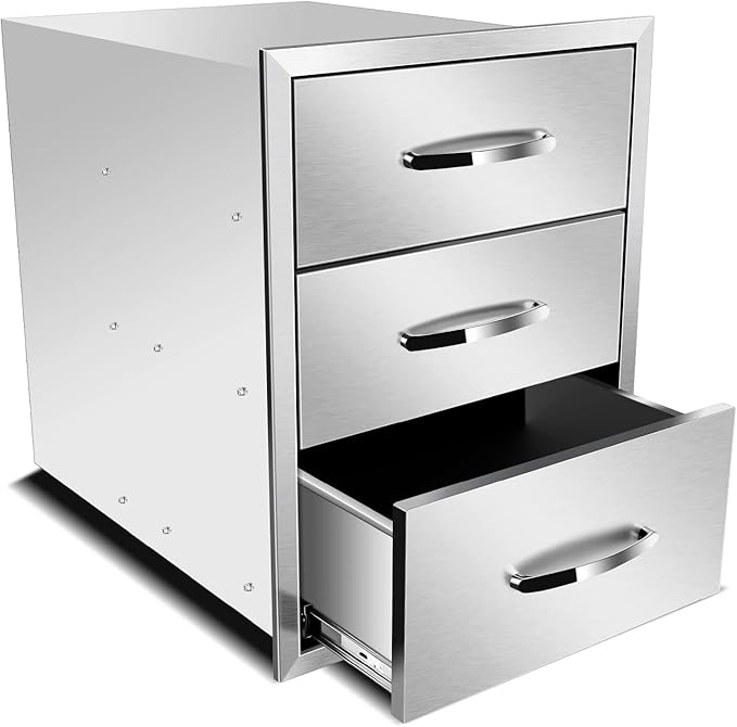 18''W x 24''H x 23''D Outdoor Kitchen Triple Access Drawers Stainless Steel, Flush Mount BBQ with Handles BBQ Island for Outdoor Kitchens or Patio Grill Station