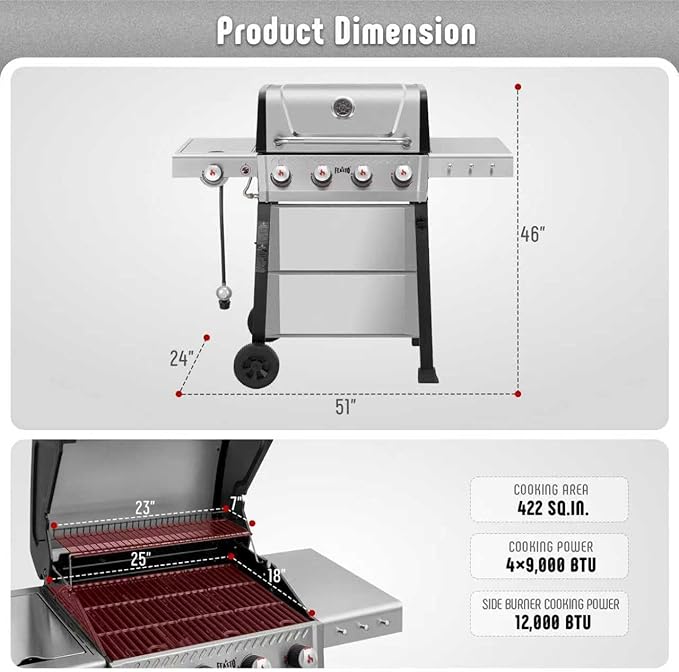 Feasto Propane Gas Grill, 36,000 BTU Outdoor Patio BBQ, Porcelain-Enameled Cookbox & Porcelain-Enameled Cast-Iron Grates, 559 Sq. In., Black (Black, 4) (Stainless Steel)