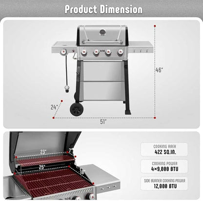 Feasto Propane Gas Grill, 36,000 BTU Outdoor Patio BBQ, Porcelain-Enameled Cookbox & Porcelain-Enameled Cast-Iron Grates, 559 Sq. In., Black (Black, 4) (Stainless Steel)