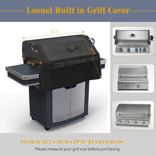 Built in Grill Cover for Outdoor Grill, 32 Inch BBQ Grill Top Cover for Most 29-31 Inch 4 Burner Built in Grill, Heavy Duty Waterproof Outdoor Kitchen & Grill Head Cover - 32"W x 26"D x 24"H