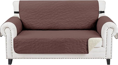 CUCRAF Non Slip Quilted Sofa Cover, Water Resistant Slipcover Furniture Protector for 2 Cushion Sofa Pet Friendly, Washable Couch Cover with Adjustable Elastic Straps (Medium Loveseat, Coffee)