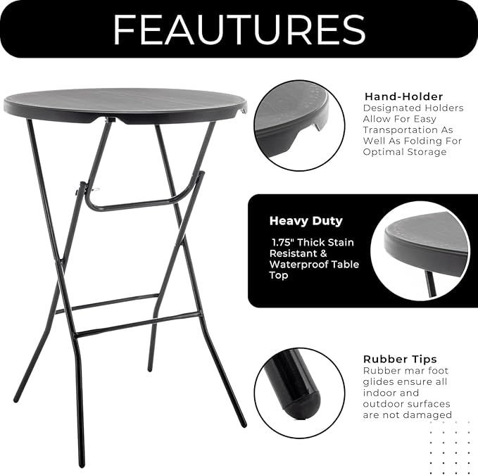 BTEXPERT 32" Round 43" Bar Height Folding Commercial Portable Banquet Plastic Coffee Dining Cocktail Table for Wedding Party Event Home Kitchen Indoor Outdoor Standing Walking-Black
