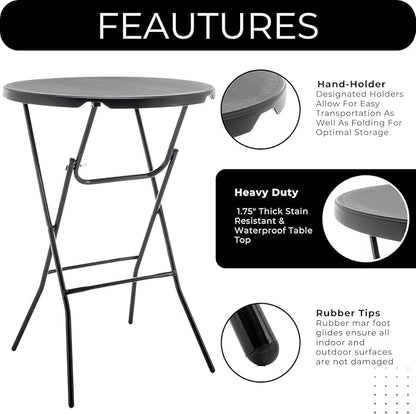 BTEXPERT 32" Round 43" Bar Height Folding Commercial Portable Banquet Plastic Coffee Dining Cocktail Table for Wedding Party Event Home Kitchen Indoor Outdoor Standing Walking-Black