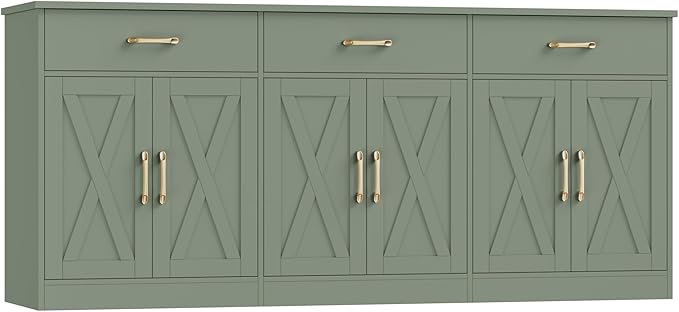 HOSTACK 71" Large Sideboard Buffet Cabinet with Storage, Farmhouse Coffee Bar Cabinet with 3 Drawers, Long Kitchen Buffet Table, Kitchen Sideboard Storage Cabinet for Dining Room, Living Room, Green