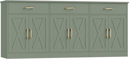 HOSTACK 71" Large Sideboard Buffet Cabinet with Storage, Farmhouse Coffee Bar Cabinet with 3 Drawers, Long Kitchen Buffet Table, Kitchen Sideboard Storage Cabinet for Dining Room, Living Room, Green
