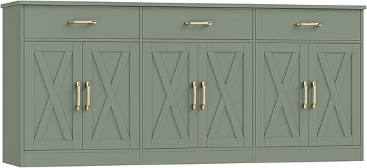 HOSTACK 71" Large Sideboard Buffet Cabinet with Storage, Farmhouse Coffee Bar Cabinet with 3 Drawers, Long Kitchen Buffet Table, Kitchen Sideboard Storage Cabinet for Dining Room, Living Room, Green