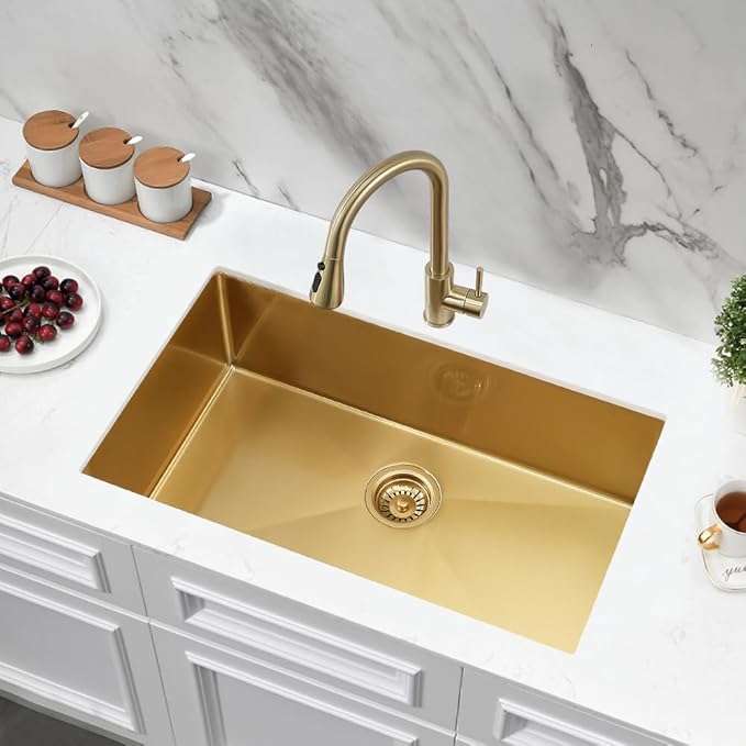 32 Inch Undermount Kitchen Sink Gold, Jshozzy 32x18 Stainless Steel Kitchen Sink Undermount 16 Gauge Gold Single Bowl Sinks Deep