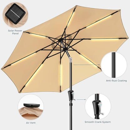 HOMSHADE 9ft Solar Patio Umbrella - Solar Lights LED Lighted UPF50+ UV Protection Umbrella, Outdoor Market Table Umbrella with Push Button Tilt, Crank for Pool Deck and Garden (Beige)