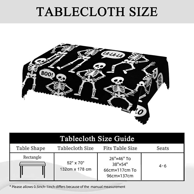 Swono Skeletons Tablecloth Funny Halloween Skulls Different Poses Decorative Table Cover for Kitchen, Party Banquet and Holiday Tablecloth, 52x70 Inch(4-6 Seats), Black