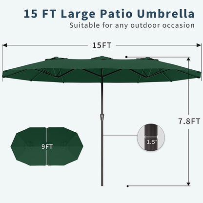 PatioKingdom 15FT Large Patio Umbrella with Base, Double Sided Rectangular Outdoor Umbrella with Sturdy Fiberglass Ribs, Market Umbrella for Pool,Garden,Backyard,Deck (Dark green, 15FT)