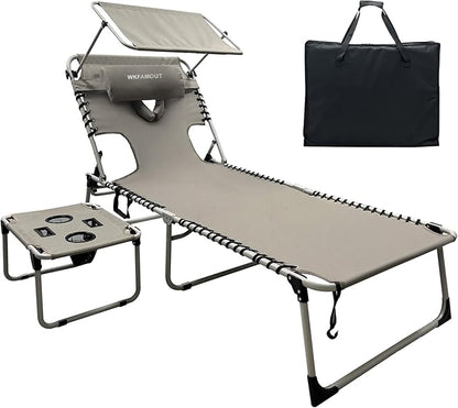 Outdoor Tanning Chair with Sun Canopy Shade & Face Hole, Folding Lounge Chair with Beach Table and Carry Bag for Poolside Sunbathing Lawn