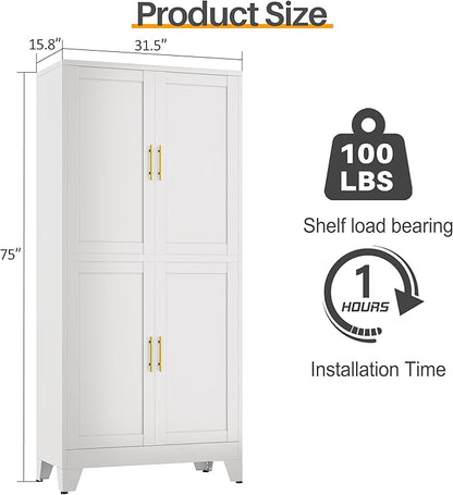 75" H Tall Kitchen Pantry Cabinet, Pantry Storage with Doors and 3 Adjustable Shelves, Metal Storage, Cupboard for Kitchen, White