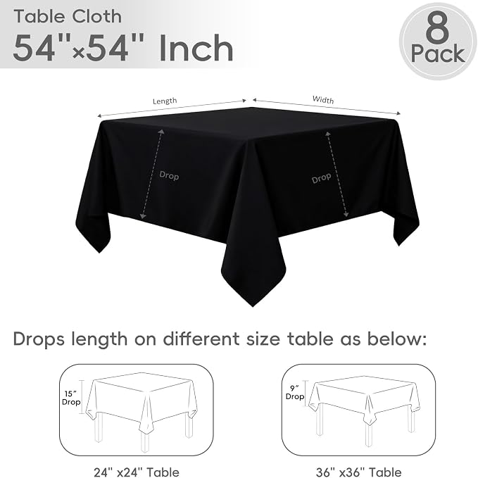 8 Pack Black Square Tablecloth 54 x 54 Inch | Wrinkle Resistant, Washable, Polyester Fabric, Square Table Cloth for Dining Party Banquet Buffet Wedding