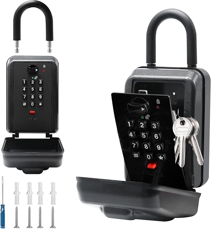 Wall & Hanging Safe Key Lock Box, 12 Digit Combination Lock Box for Keys with Resettable Code, Large Capacity & Weatherproof Outdoor Lockbox, Spare Key Safe Storage Lock Box for Home, Garage，Black