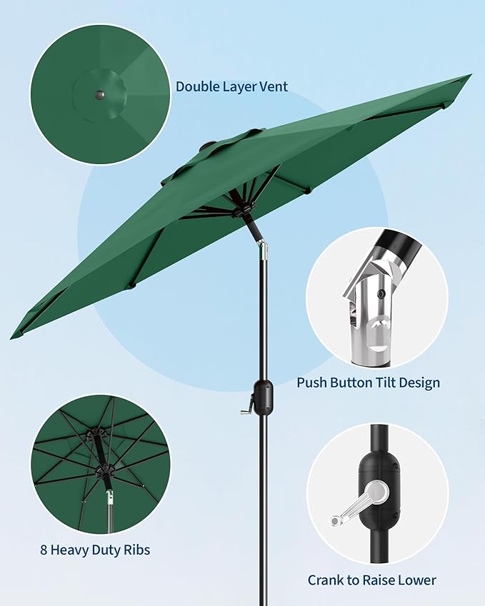 GarveeLife 9 ft Patio Umbrella, Outdoor Table Market Umbrella with Push Button Tilt and Crank, 8 Sturdy Ribs UV Protection Waterproof for Garden, Deck, Backyard, Pool (Dark Green)