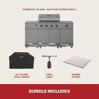 Tytus Fresno 5-Burner Propane or Natural Gas Island Grill – 864 sq. in. Cooking, 48,000 BTU Main + 12,000 BTU Side Burner, Porcelain Grates, Storage Cabinets, Semi-Portable - GM/Ash Stone Deluxe Kit