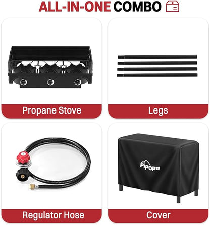 3 Burner Propane Camp Stove | 225,000 BTU | High Pressure Gas Burners | CSA Certified | Windscreen | Waterproof Cover | Detachable Legs | Ideal for Camping Tailgating Backyard Outdoor Cooking