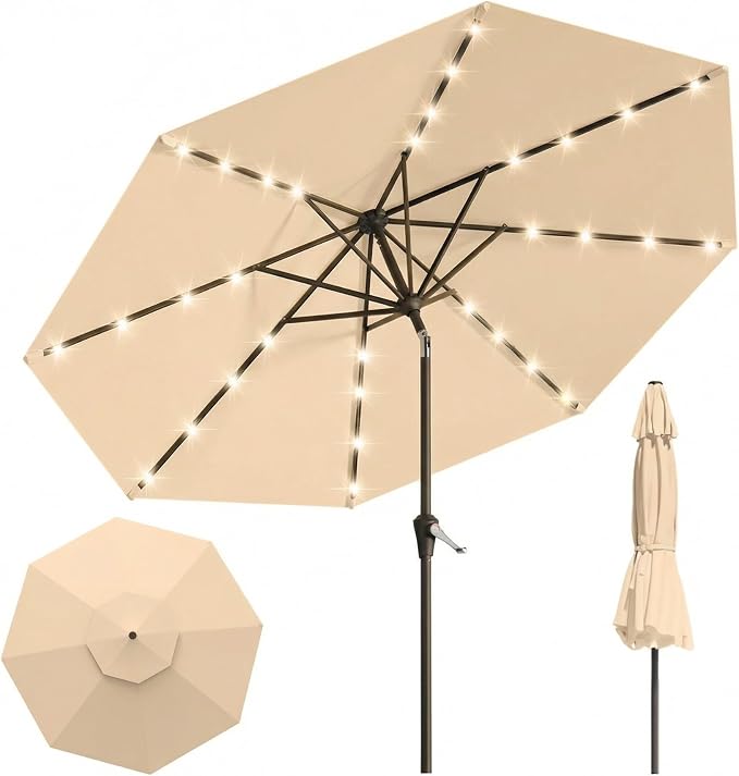 10FT Solar Lighted Patio Umbrella, Outdoor Table Market Umbrellas with Push Button Tilt and Crank, 32 LED Lights, 8 Sturdy Ribs, UV-Resistant for Deck, Garden, Pool