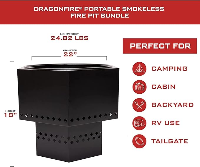 Dragonfire Portable Smokeless Firepit, Accessories Included: Base Stand and Carrying Case. Wood Pellet/Log Burning Outdoor Fire Pit. Black Finish, 22 Inch Size, with Nesting Base for Compact Storage.
