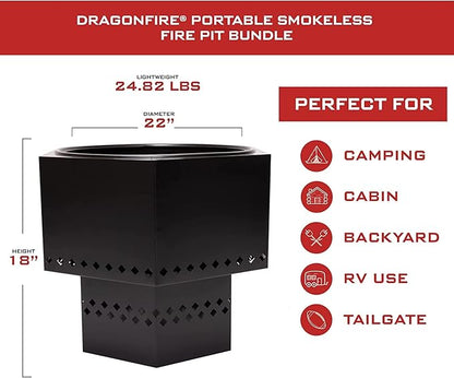 Dragonfire Portable Smokeless Firepit, Accessories Included: Base Stand and Carrying Case. Wood Pellet/Log Burning Outdoor Fire Pit. Black Finish, 22 Inch Size, with Nesting Base for Compact Storage.