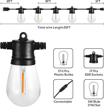 Banord 51FT Outdoor Shatterproof LED String Lights, Waterproof 17 Hanging Sockets with 18 x Dimmable LED Bulb Garden Light String, Waterproof Vintage Patio Lights for Wedding Party