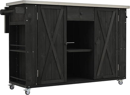 52.25" W Outdoor Kitchen Island Patio Grill Cart with Stainless Steel Tabletop, Storage Cabinet for BBQ, Bar