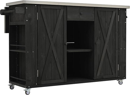 52.25" W Outdoor Kitchen Island Patio Grill Cart with Stainless Steel Tabletop, Storage Cabinet for BBQ, Bar