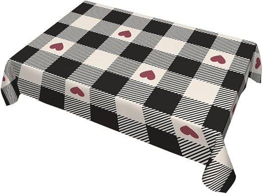 Decorative Rectangle Table Cloths Checkered Valentines Black Plaid Red Heart Tablecloth Table Cover for Dining/BBQ/Picnic/Coffee Table 52 X 70 Inches