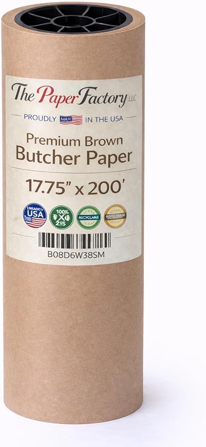 Premium Brown Butcher Paper Roll 17.75″ × 200′ Food-Grade Uncoated & Unwaxed Kraft Paper for BBQ/Smoking, Meat Wrapping, Crafts, Packaging & Food Service. PROUDLY MADE IN THE USA BY THE PAPER FACTORY