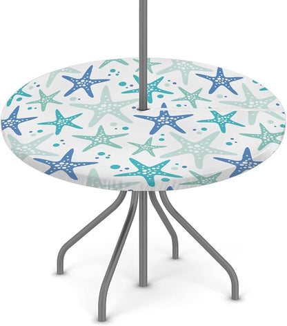 Fitted Round Tablecloth with Umbrella Hole and Zipper Starfish Outdoor Elastic Table Cloth 36"-44" Oil-Proof Waterproof Blue Starfishes Patio Table Cover for Picnic Party