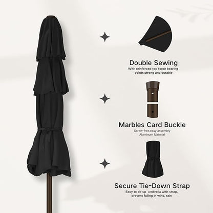 Kingdura 10ft 3-Tier Patio Umbrella with Solar Lights, Table Umbrella Outdoor Patio with Easy Crank & Tilt, 8 Sturdy Ribs, UV Protection, 32 LED Lights for Deck, Poolside, Market (Black)