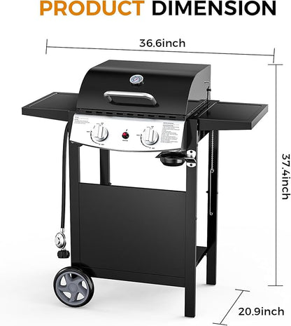 Electactic 2-Burner Propane Gas BBQ Grill, 20,000 BTU Stainless Steel Grill with Side Shelves and Wheels, Portable Outdoor Grill for Patio, Backyard, Garden, or Camping Cooking